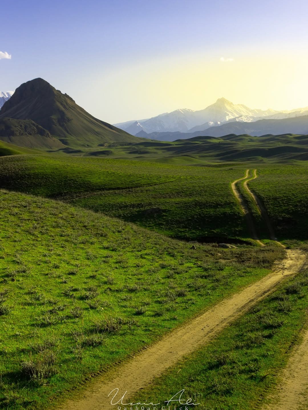 Dirt trail through rolling green hills toward snow-capped peaks