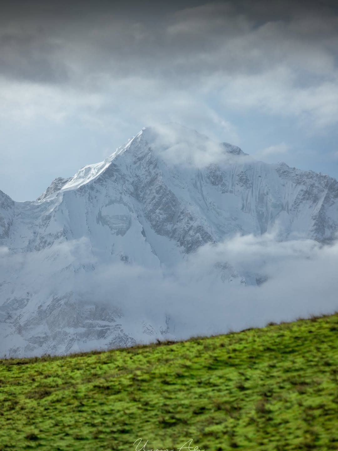 Dramatic snow-capped peak rising above clouds over green meadow